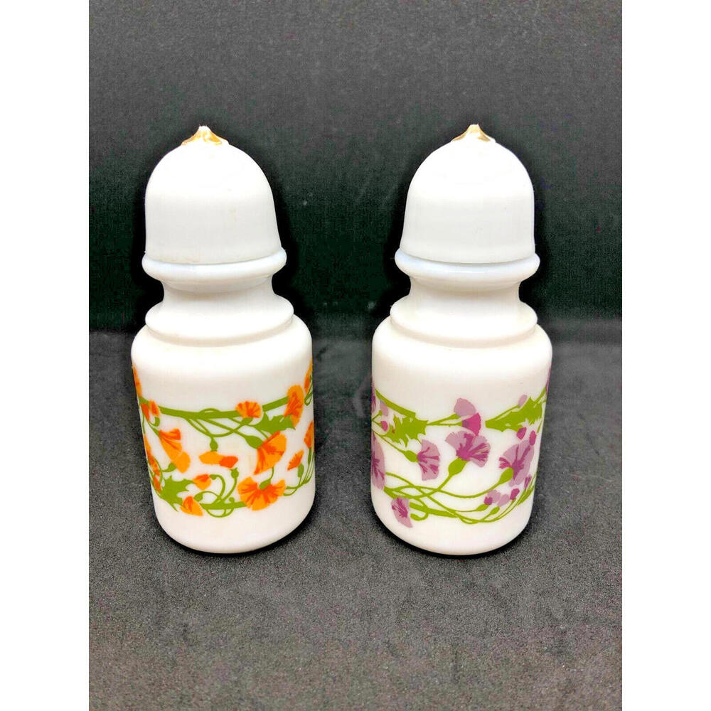 Avon Milk Glass Retro 70's Salt & Pepper Shakers White Orange Purple Flowers